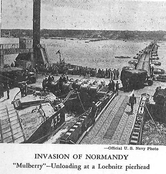 Invasion of Normandy, "Mulberry"--Unloading at a Loebnitz pierhead