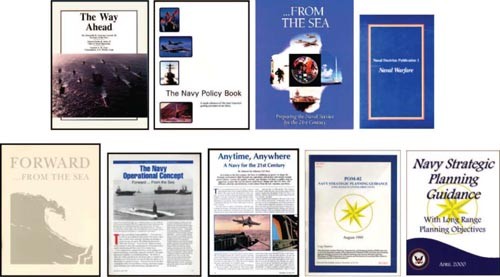 Image - various publication covers in a collage (The Way Ahead, The Navy Policy Book, ...From the Sea, Naval Warfare, Forward...from the Sea, The Navy Operational Concept, Anytime-Anywhere, POM 91, Navy Strategic Guidance)