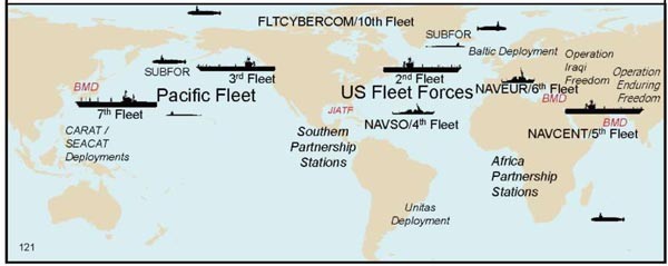 Image of map with ships & submarines placed to show USN deployment strategy