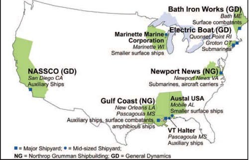 Image of US map showing major US private naval shipyards