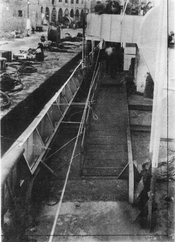 MAYRANT (DD402) Main deck, port side, after repairs. Note depth and length of longitudinal stiffeners and walkway over transverse stiffeners.