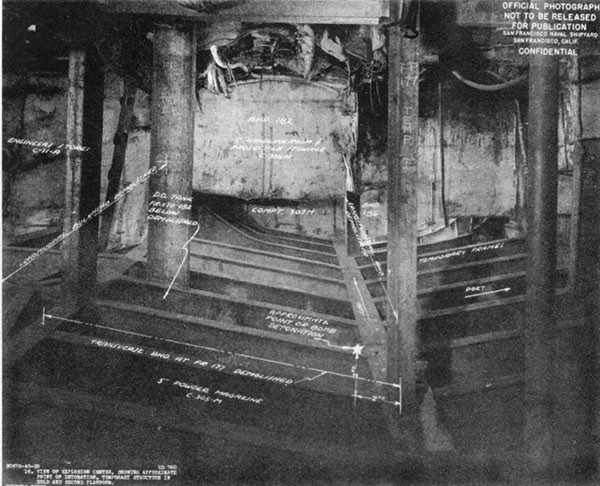 STORMES (DD780). Temporary hull repairs in way of various compartments below first platform aft which were demolished by bomb blast.