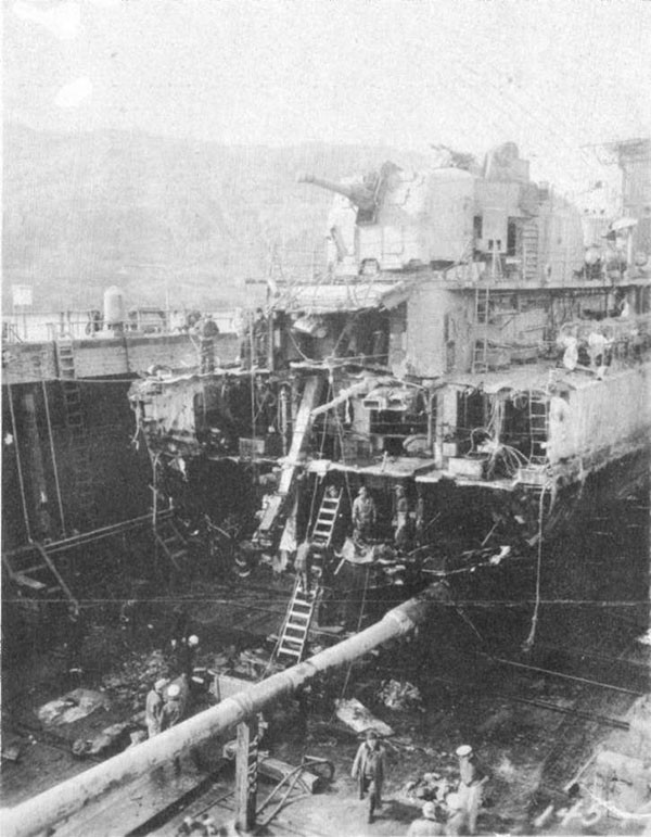Photo 29: 21 August 1943 - General view of damage to ABNER READ after drydocking at Adak.