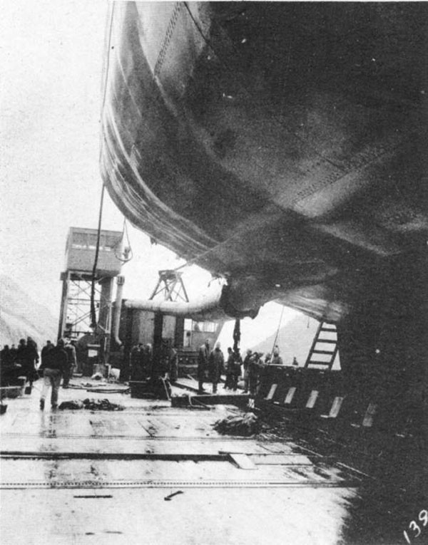 Photo 31: General view of starboard shaft showing bend caused by stern structure aft of frame 170.