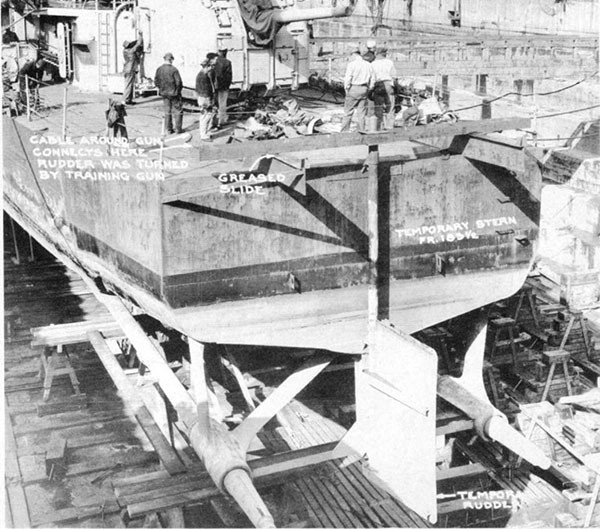 Photo 48: General view of stern showing temporary rudder designed by the Commanding Officer.