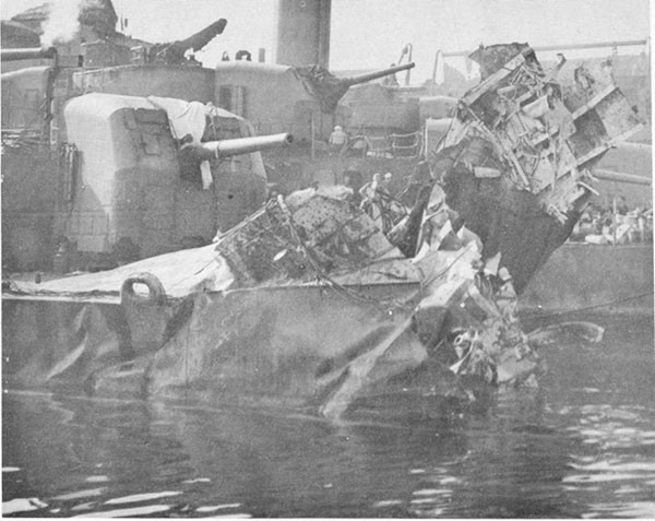 Photo 57: Starboard quarter view of damage to USS FOOTE upon arrival at Purvis Bay, Tulagi.
