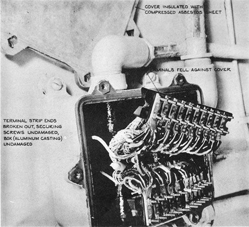 Photo 5-12: KINGFISH (SS234). View showing damage to terminal strips in connection boxes which allowed the terminals to fall against the box and cause short-circuits.