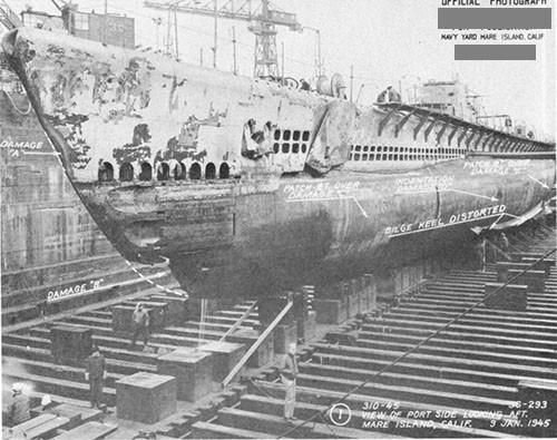 Photo 14-1: DRAGONET (SS293). General view looking aft on port side, showing damaged areas resulting from grounding.