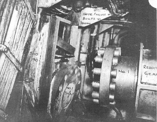 Photo 7: No. 1 engineroom looking to port showing No. 1 shaft parted at flange coupling.