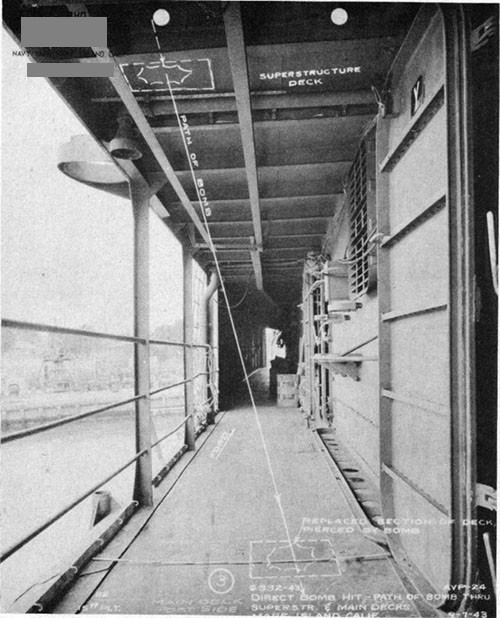 Photo 5: Path of direct hit bomb No. 3 through superstructure and main decks.