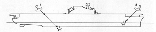 Diagram of ship showing suicide plane misses.
