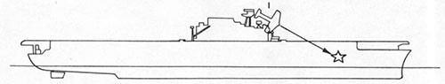 Diagram of ship showing suicide plane and bomb hit.