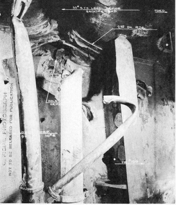 Photo 34: Hit No. 25. Damage to second deck and torpedo bulkhead No. 2.
