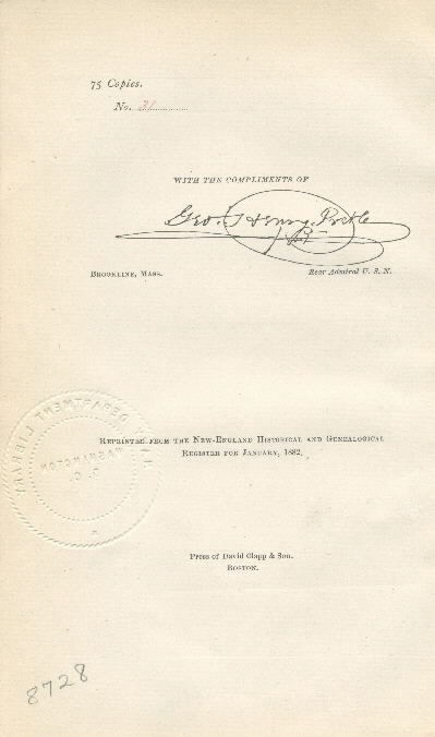 Image of Verso of title page: "75 copies, No. 31, With the compliments of [signature] George Henry Preble."