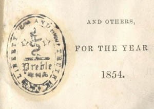 Image of rubber or wood stamp to ink his ownership. The first appears on the title- page of the 1854 register. It's two-inch vertical oval displays a snake wound around a sword within a wreath quoting "Liberty and Truth."