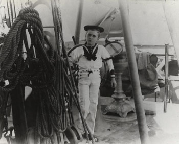 Royal Eason Ingersoll, son of RADM R. R. Ingersoll, and later Admiral himsel. Photographed on board USS Bancroft at the Naval Academy, Annapolis, MD, circa 1893. Sailor suit was the boys' costume for dancing school closing 'The Sailor's Hornpipe....