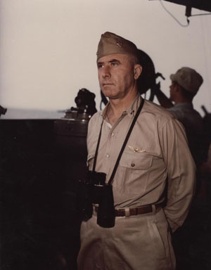 Rear Admiral Alfred E. Montgomery, USN. Commander Carrier Division 12, on bridge of his Flagship USS Essex (CV-9), circa February 1944. Photographic Section, Naval History and Heritage Command, #80-G-K-14102.