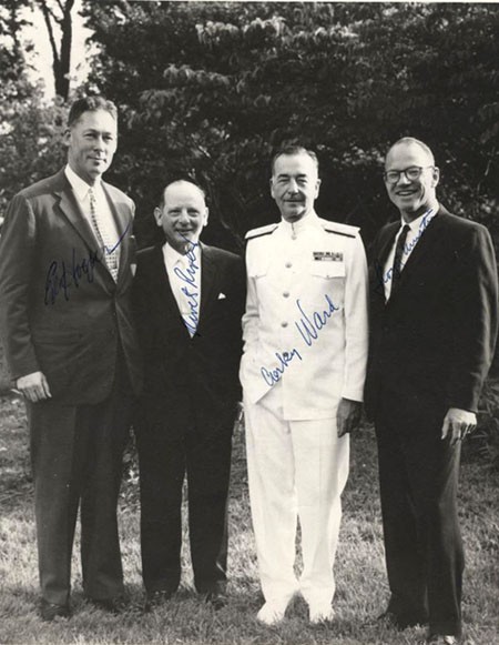 L-R VADM Edwin B. Hooper, Adm. Horacio Rivero, Jr., Adm. Alfred G. Ward and VADM. Lloyd M. Mustin, Photographed circa 1970-71. They were called the 'Four Horsemen' at MIT, where all received Masters Degrees (SM) in Electrical Engineering. As Lieu...