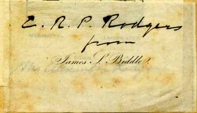 Commodore James Biddle's printed bookplate on which C. R. P. Rodgers has penned his own name and indicated the book was given to him by Biddle
