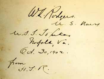 Vice Admiral W. L. Rodgers' copies with his signature dated Oct. 30 1902 on board the U.S.S. Topeka at Norfolk, Va.