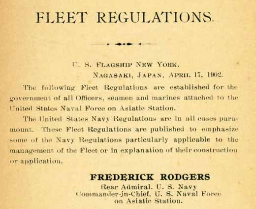 "Fleet Regulations. U.S. Flagship New York. Nagasaki, Japan, April 17, 1902.