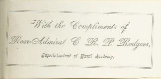 Presentation slip from Rear Admiral C. R. P. Rodgers tipped in ahead of the front flyleaf : "With the compliments  of Rear-Admiral C.R.P. Rodgers, Superintendent of Naval Academy."
