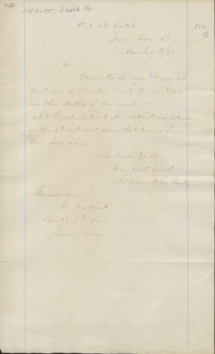 Abbott, David M - Letter to Commodore W Radford 1865_front