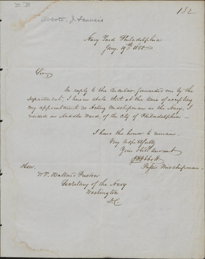 Abbott, J Francis - Letter to William Ballard Preston_front