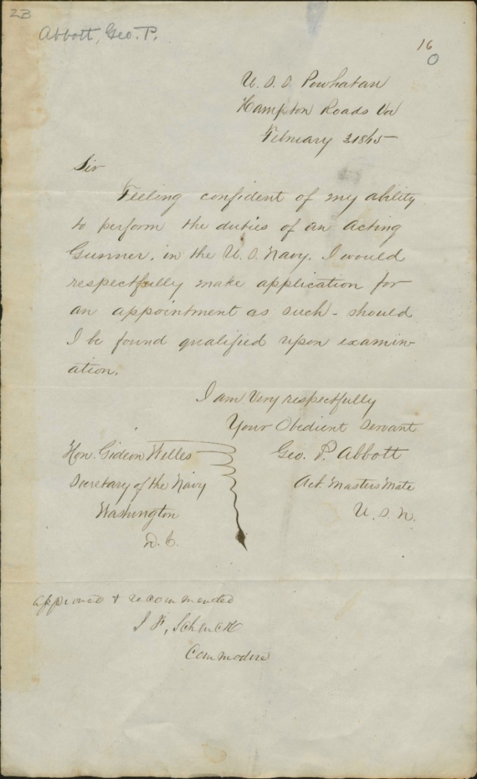 Abbott, George - Letter to Gideon Wells 1865