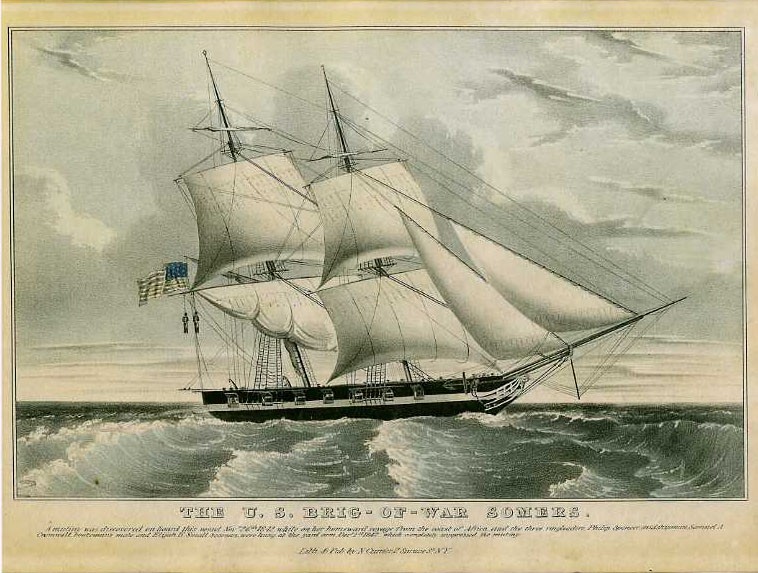 Lithograph of the US Brig-of-War Somers. A mutiny was discovered on board this vessel Nov. 26th 1842, while on her homeward voyage from the coast of Africa, and the three ringleaders , Philip Spencer, midshipman, Samuel A. Cromwell, boatswain's m...