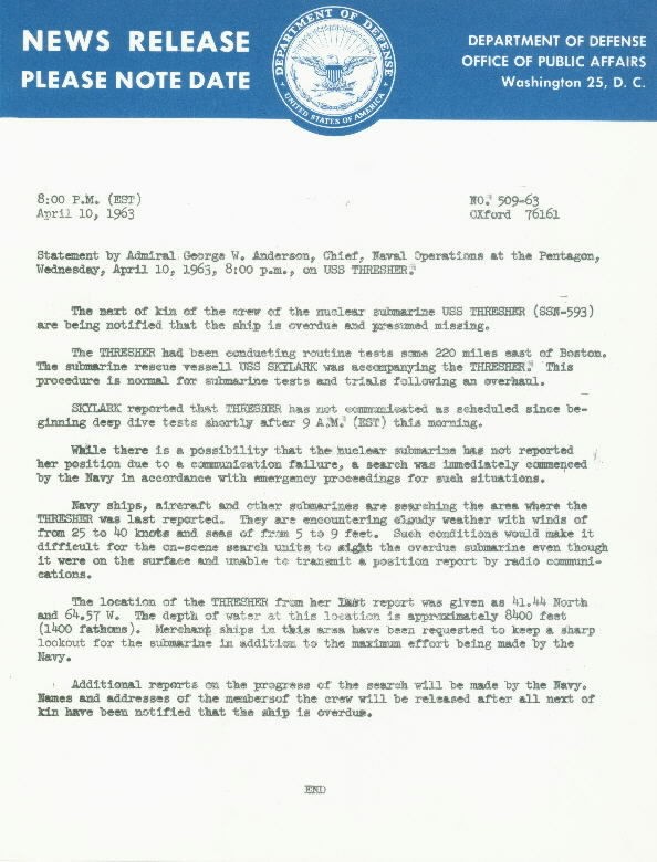 Image of USS Thresher News Release 10 April 1963 