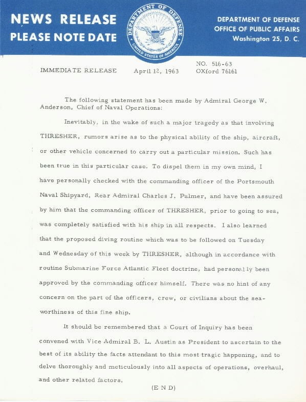 Image of USS Thresher News Release 12 April 1963