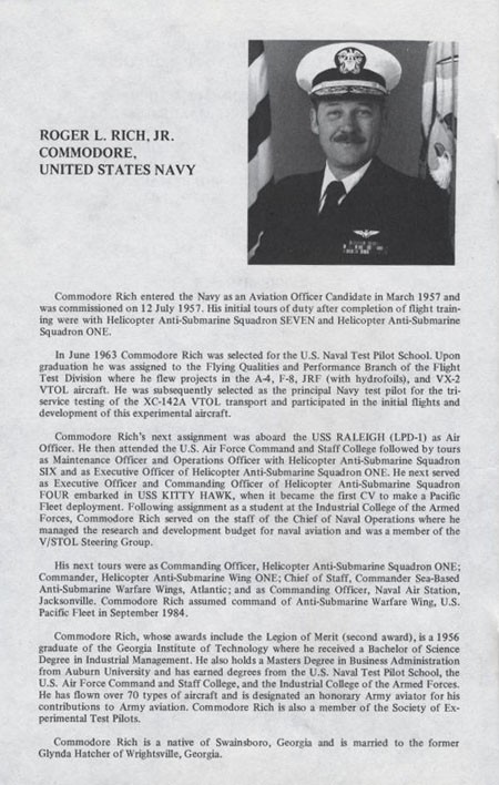 Biography of Commodore Roger L. Rich, Jr., United States Navy.