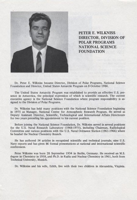 Biography of Peter E. Wilkniss, Director, Division Of Polar Programs National Science Foundation.