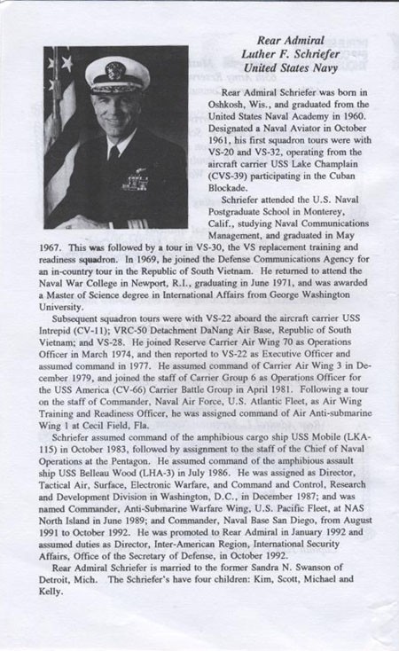 Biography of Rear Admiral Luther F. Schriefer, United States Navy.