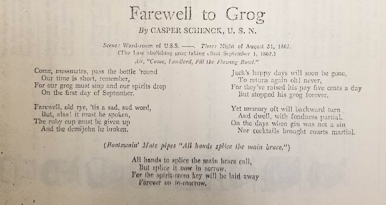 photo of the verse: "Farewell to Grog" by Casper Schenck, U.S.N. found in the Navy Department Library's Rare Book Room ZV file