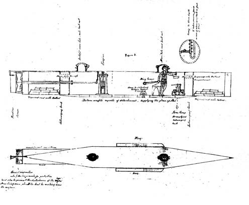 Figure 2.Another of the PRO drawings, this one showing the internal plan view of the boat and a transverse cross-section at the aft face of the forward bulkhead. "The pilot is represented looking through a bull's eye, his right hand on the vertic...
