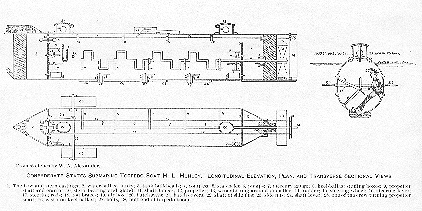 Figure 5. Diagram of the H. L. Hunley, drawn by William A. Alexander, showing the boat's longitudinal elevation plan view, and a transverse section. Alexander's numbers represent the following features: (1) the bow and stern castings; (2) water-b...