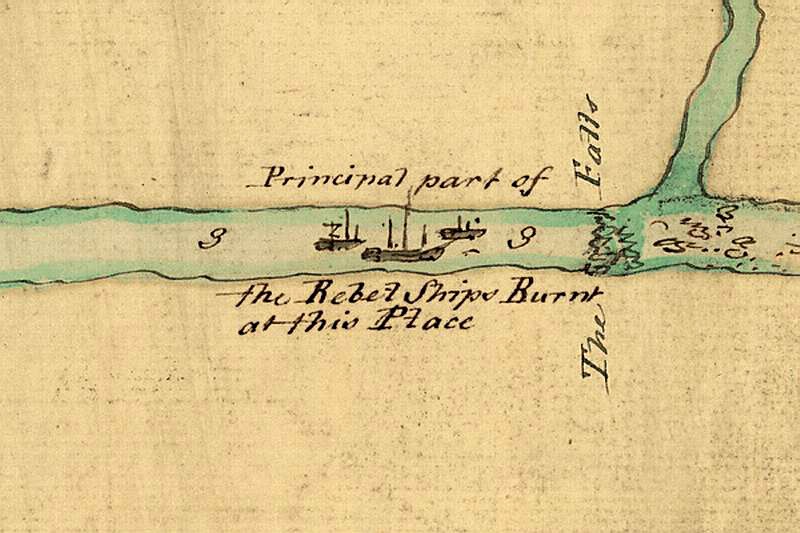 Figure 2 Detail of a 1780 map of the Penobscot River showing the approximate location of burned American vessels below the falls at Bangor.