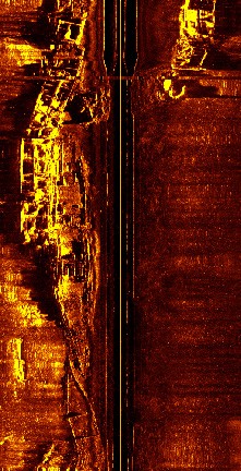 Figure 2: A side-scan sonar record of the American Mulberry Group at St-Laurent-sur-Mer.