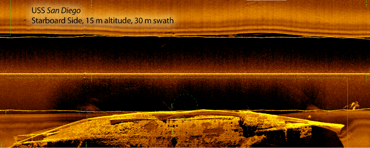 Sidescan sonar mosaic of USS San Diego shipwreck, taken from an altitude of 15 meters off the seabed, with a swath of 30 meters.