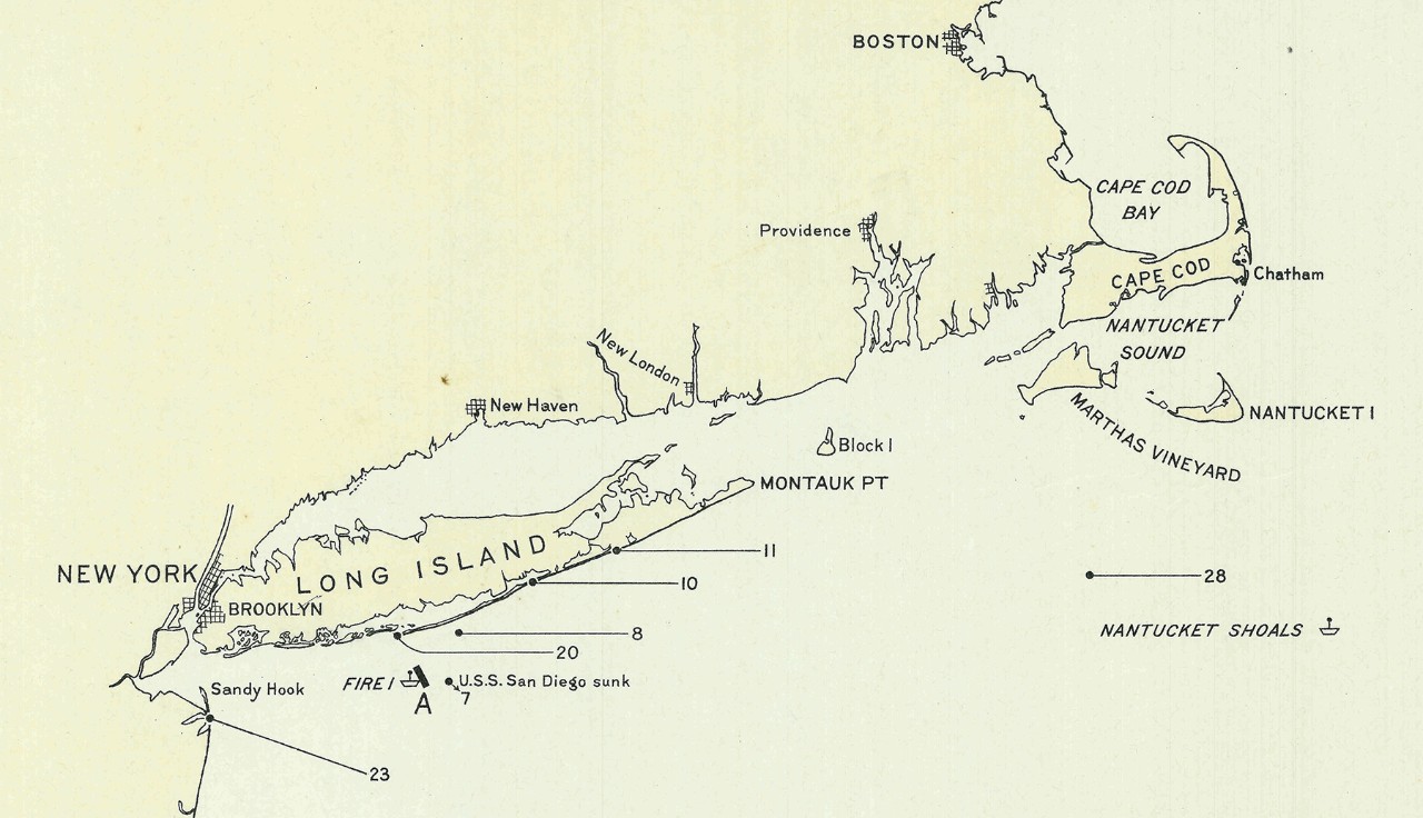Map showing locations of mines found along the southern coast of Long Island, New York, during World War One.
