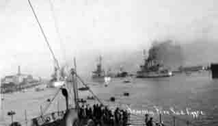 Fleet nearing Port Said, Egypt, circa 5-6 January 1909. Ohio is right center.