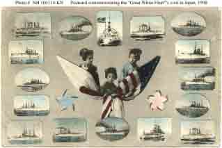 Postcard published in Japan commemorating fleet's visit there in October 1908. Depicts pictures of the fleet's battleships, images of 3 Japanese ladies, plus flags and symbols of United States and Japan.