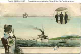 Postcard published in Japan commemorating fleet's visit there in October 1908. Features view of fleet steaming in column plus images of Japanese lady using small binoculars and of 3 U.S. Navy officers.