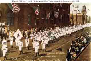 Postcard published by H.H. Stratton, Chattanooga, Tennessee, depicting fleet's Sailors parading in Honolulu, Hawaii, circa 17 July 1908.