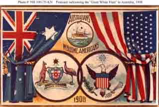 Postcard welcoming fleet to Australia, 1908. Design features United States and Australian flags and the seals of both nations.