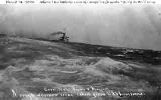 Rough weather. Ship is Virginia-class battleship. Photographed by Brown & Shaffer from on board Louisiana.