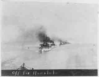 Battleships leaving San Francisco, California, en route to Honolulu, 7 July 1908.