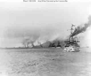 Battleships of the U.S. Atlantic Fleet entering San Francisco Bay, 6 May 1908.